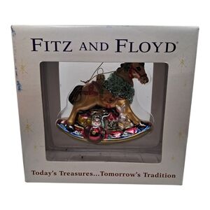 ​Fitz & Floyd Glass Ornament Old Fashioned Rocking Horse Santa & Teddy Bear NIB